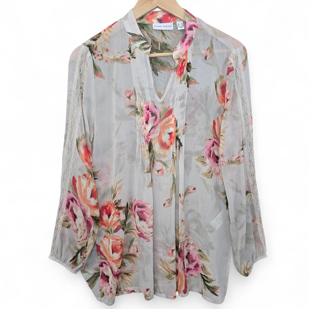 Susan Graver Top Womens Small Beige Floral Print Chiffon Pintuck Blouse Tunic